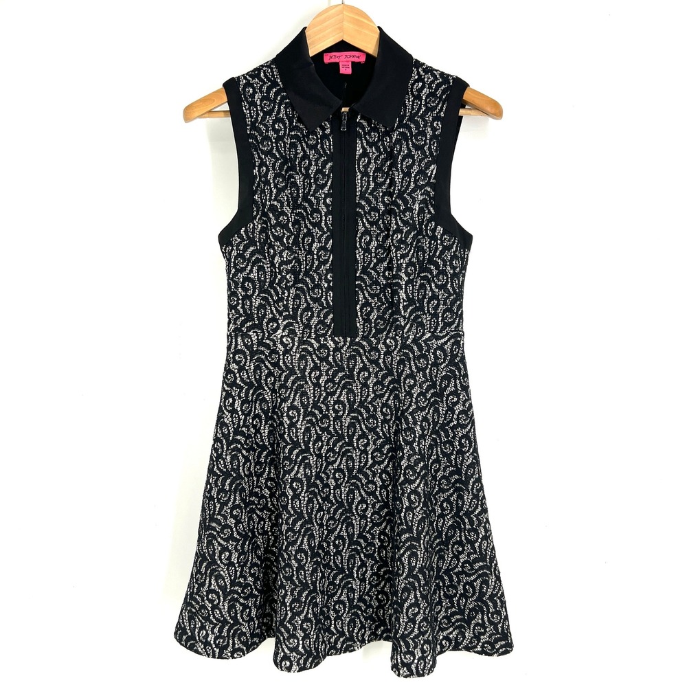 Betsey Johnson Black White Lace Sleeveless Fit Flare Dress Zip Front Collar 6